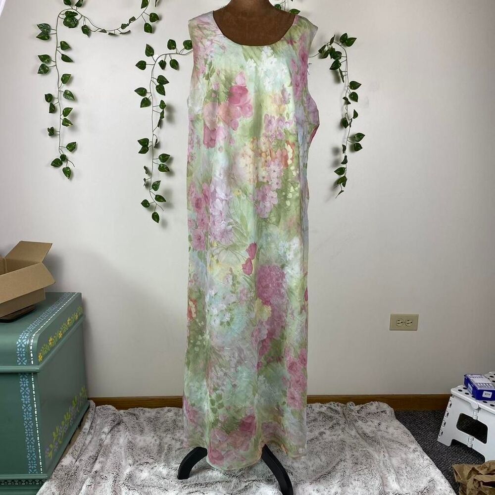 L/XL vintage Floral chiffon sleeveless maxi dress fairy romantic ethereal Kwoman